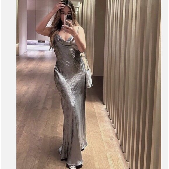 ZARA NEW WOMAN SILVER SATIN EFFECT SLIP DRESS Size L REF:8496/746 - Picture 1 of 16